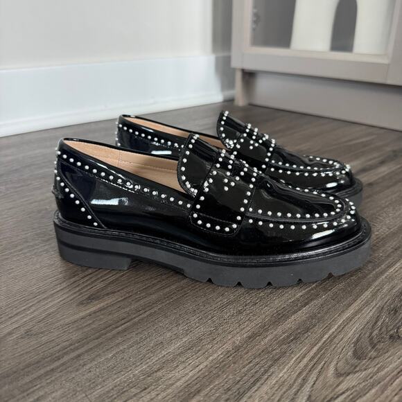 Stuart Weitzman Parker Lift Black Patent Leather Mini Pearl Loafers 36 NEW Shoe - Picture 2 of 8